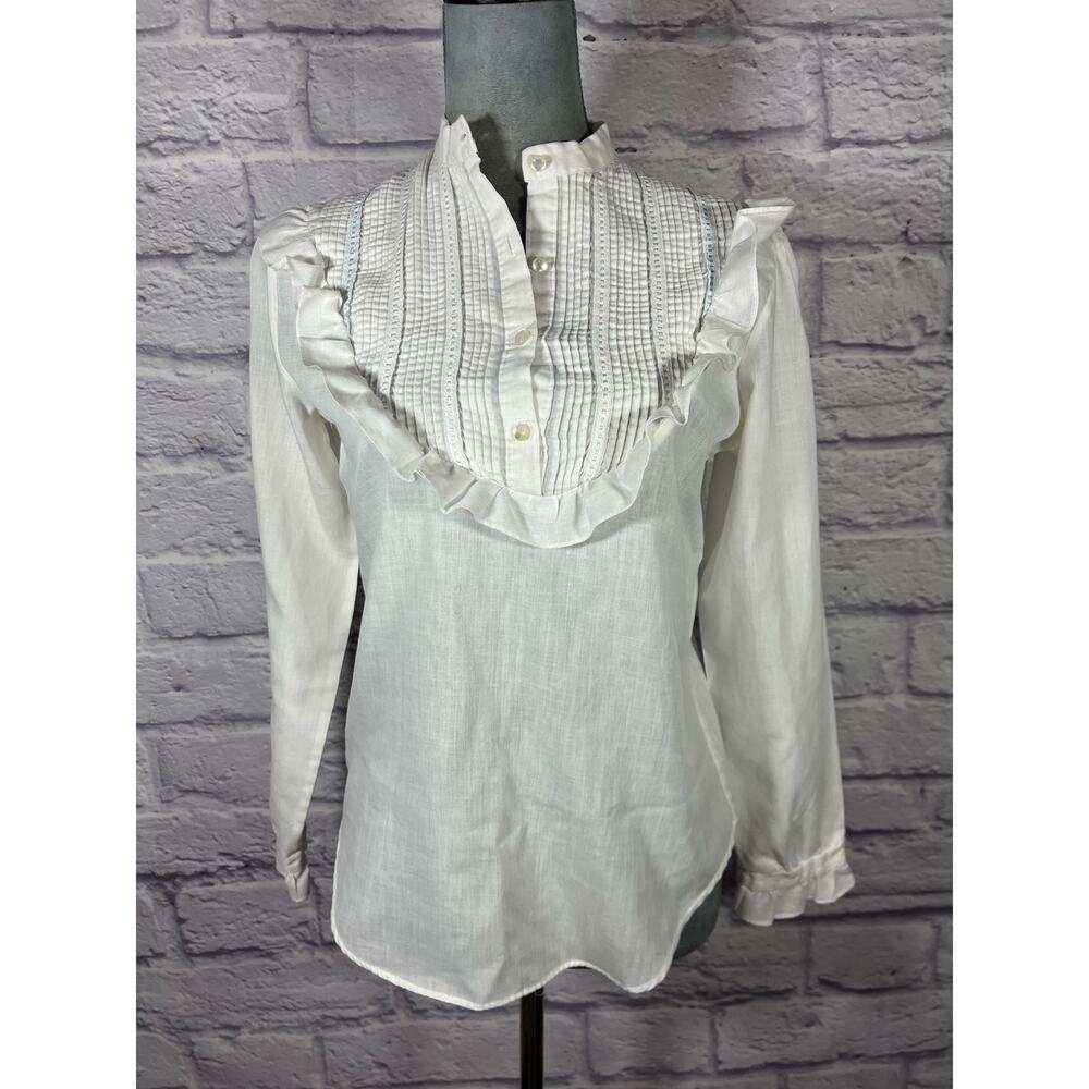 Vintage 80's lightweight soft cotton pintuck bibbed blouse with ruffle detail